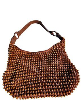 Purse Beaded Brown Wood Cloth Boho Crochet Woven Short Handle Handbag Womens  M